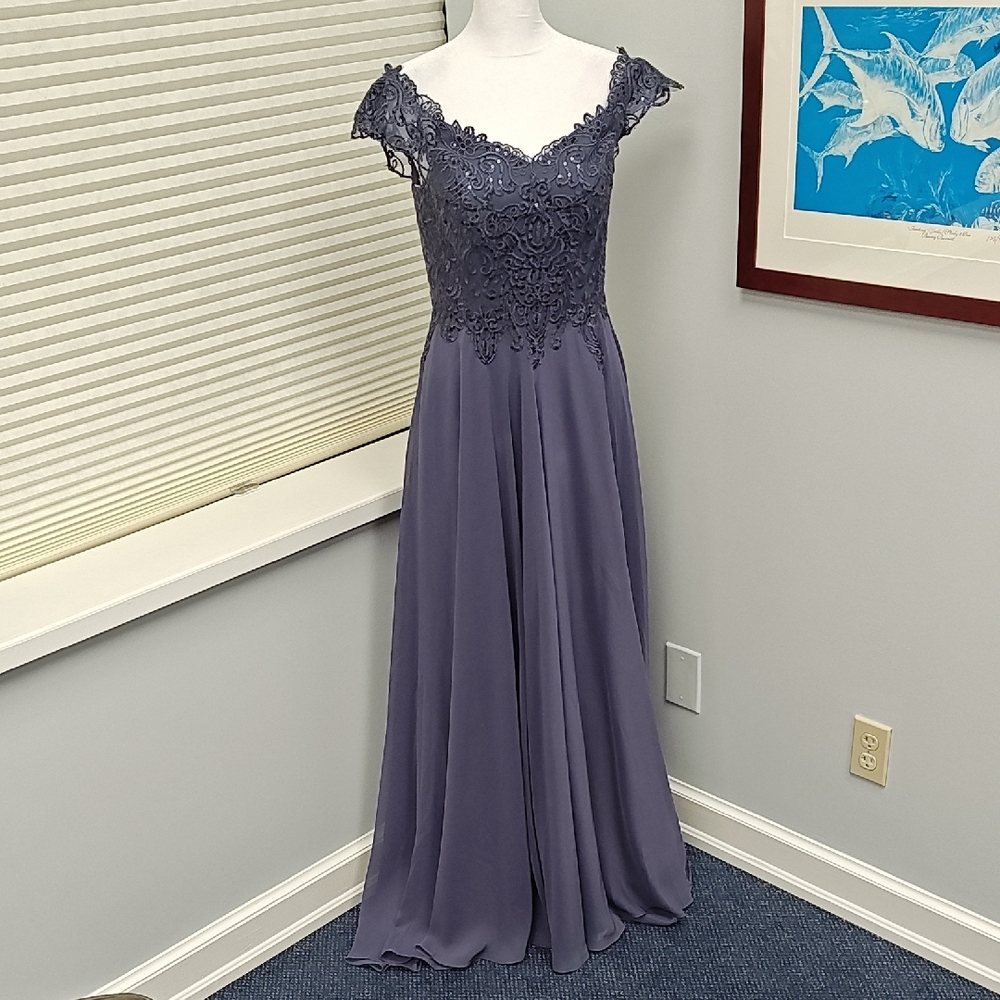 JJ's House Stormy Blue Grey A-line Off the Shoulder Sequined Dress with Train